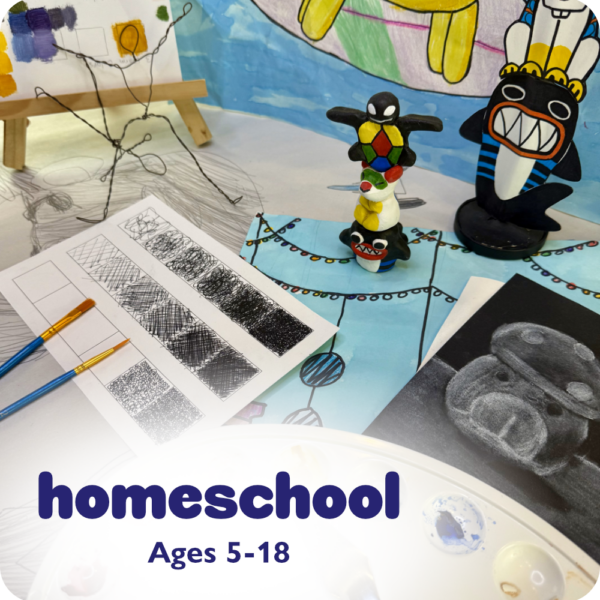 Group art classes developed specifically for homeschooled artists ages 5-9 and 10-18.